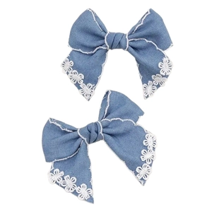 Barrettes nœuds en denim avec bords en dentelle blanche pour filles, lot de deux