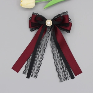 Elegant Satin Lace Bow Hair Clip With Long Ribbon Faux Artificial Pearl Rhinestone Princess Style Alligator Clip For Women Girls