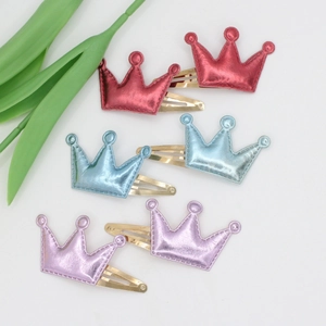 Cute Star Crown Hair Clips For Girls PU Leather Metallic Sweet Princess Hairpins Kids Cartoon Headwear Handmade Side Clips