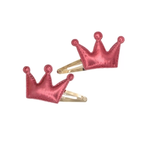 Set of two red leather crown hair clips for girls with gold metal alligator clips