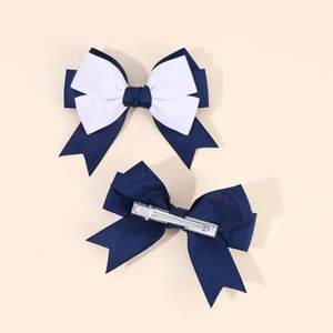 Navy blue and white double-layered bow hair clips with swallowtail ribbon and metal clip