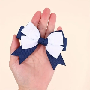 Navy blue and white layered grosgrain bow hair clip for girls in preppy style