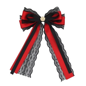 Elegant red and black Lolita bow hair clip with floral lace and pearl flower center