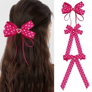 Sweet Princess Heart Print Grosgrain Ribbon Bow Streamer Hair Clip For Girls Handmade Heart Rhinestone Alligator Clip Hair Accessories