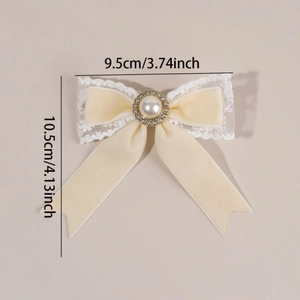 Lolita style beige velvet bow hair clip with lace, large pearl and rhinestone accents