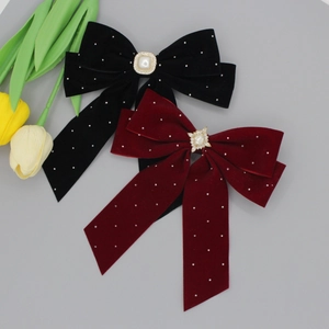 Vintage Velvet Bow Hair Clip With Faux Artificial Pearls Rhinestones Elegant French Long Ribbon Hairpin For Women Party Hair Accessory