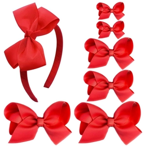 Lot de 7 accessoires cheveux rouge avec serre-tête et barrettes à nœuds en ruban gros-grain