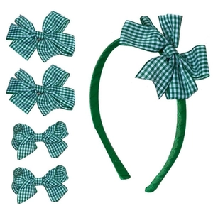 5Pcs Gingham Plaid Bow Headband And Hair Clips Set Sweet Princess Fabric Hair Accessories For Girls Women Daily Jewelry