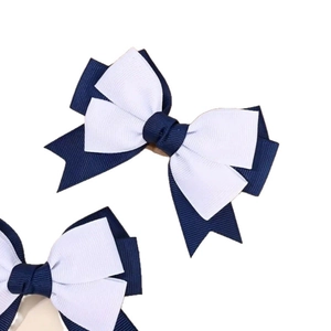 Navy blue and white layered grosgrain ribbon bow hair clip for women and girls