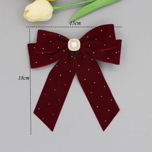 Burgundy velvet bow hair clip with pearls and rhinestones 15x18cm high-end princess style
