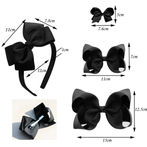 Set de 7 pièces serre-tête et barrettes à nœuds noirs côtelés avec dimensions précises