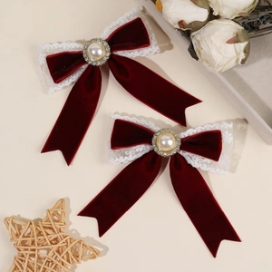 Vintage Lolita Velvet Bow Hair Clips With Faux Artificial Pearl Rhinestone Lace Elegant Sweet Alligator Clips Women Party Hair Accessories
