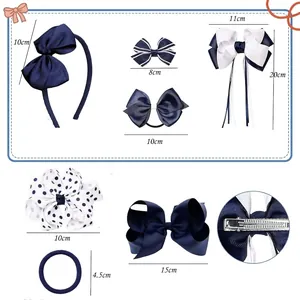 12-piece navy blue and white ribbed hair bow set with size guide for headbands and clips