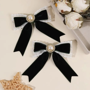 Elegant Lolita style dark green velvet bow hair clip with white lace and pearls
