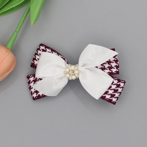 Sweet houndstooth and white satin bow hair clip with pearl and rhinestone center decoration