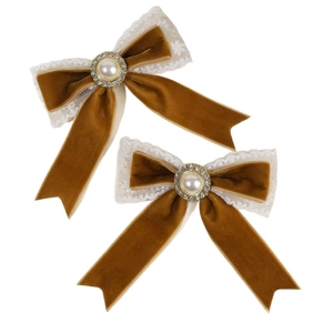 Lolita style velvet bow hair clips with pearls and lace trim in golden brown color