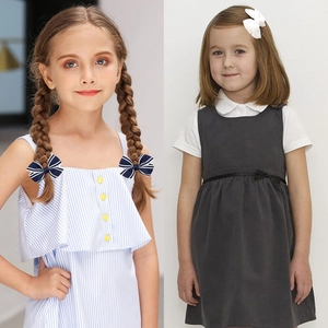 Children's striped ruffe top and grey dress set with matching bow hairbands