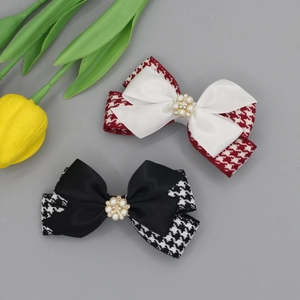 Vintage Houndstooth Satin Bow Hair Clip With Artificial Pearl Rhinestone Flower For Women Girls Sweet Princess Hair Accessories
