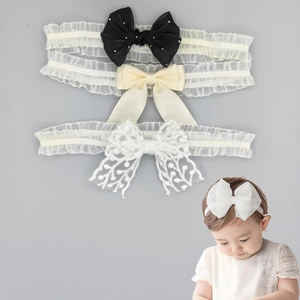Bandeau à Nœud en Dentelle Blanche pour Bébé Fille Bandeau de Fleurs Princesse Accessoires de Cheveux Élastiques pour Bébé