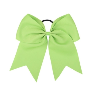 Detail view of the light green 8-inch ribbed grosgrain bow with elastic hair tie back