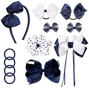 Navy Blue White Grosgrain Ribbon Bow Hair Accessories For Girls Women Polka Dot Striped Hair Clips Headband Scrunchies Daily Wear