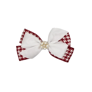 Elegant houndstooth and satin bow hair clip with pearl and rhinestone flower accent