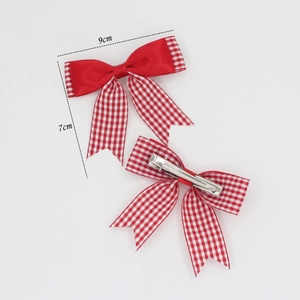 Paire de barrettes à nœud écossais rouge et blanc, 9 cm, avec clips bec de canard argentés