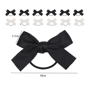 Set of black and white bow hair ties in textured twill fabric, 10cm wide elegant style
