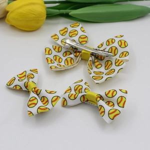 Lot de 3 barrettes à cheveux avec nœuds à motif softball sur ruban blanc et jaune