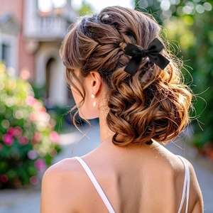 Detail view of a black satin bow hair clip styled on a classic braided hairstyle