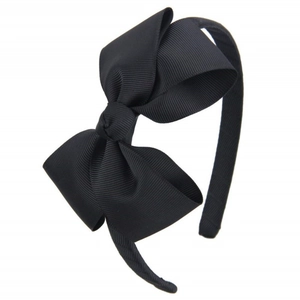 Girl's classic black ribbed grosgrain ribbon bow headband with a high-quality textured finish