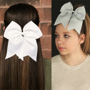 Oversized 8 inch grosgrain ribbon bow hair tie for girls in white and grey colors