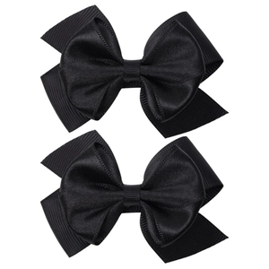 Set of two classic black layered bow hair clips with grosgrain and satin texture