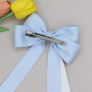 Light blue silk bow hair clip with long ribbons and metal alligator clip for girls