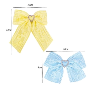 Lace ribbon bow hair clips with heart diamonds in yellow and blue, size 10x12cm and 10x8cm