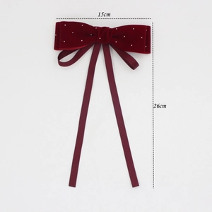 Elegant wine red velvet bow hair clip with sparkling rhinestones and 26cm long streamers