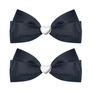 Detail view of black ribbon bow hair clips with silver heart metal accents in 2 pieces