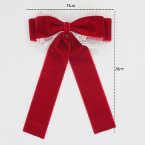 Elegant red velvet bow hair clip with white lace trim, 14x20cm sweet hair accessory