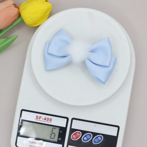 Blue satin bow hair clip with white plush pompom, lightweight sweet hair accessories for girls