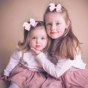 Pink ribbon bow hair clips set for girls, handmade satin layered hair accessories