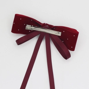 Elegant deep red velvet bow hair clip with faux pearls and long ribbons for women