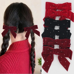 Rhinestone Velvet Ribbon Bow Hair Clips Sweet Princess Alligator Clip Long Ribbon Hair Accessories For Kids Girls Daily Party Decoration