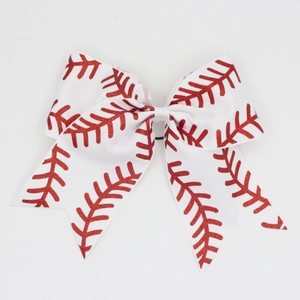 Large white baseball bow hair tie with red glitter stitching patterns and black elastic band