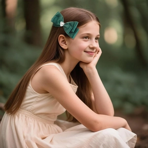 Dark green satin ribbon bow hair clip with pearl heart worn by a girl in forest