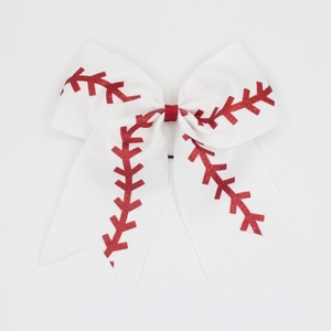 Close-up of white grosgrain cheer bow with red glitter baseball stitching patterns