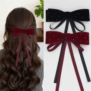 French Elegant Velvet Bow Hair Clip With Long Streamers Rhinestone Pave Princess Hair Accessory For Women Party Wedding