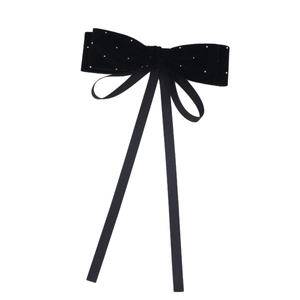 Elegant black velvet bow hair clip with sparkling rhinestones and long velvet ribbon streamers