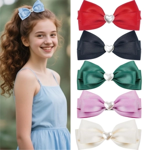 Satin Ribbon Bow Hair Clips With Heart Faux Artificial Pearl Alligator Clips Sweet Hairpins For Girls Daily Accessories Pair