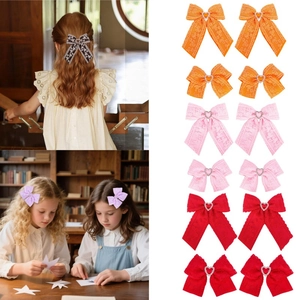 Girls Lace Bow Hair Clips With Heart Rhinestone Sweet Vintage Ribbon Hairpins For Kids Party Daily Hair Accessories