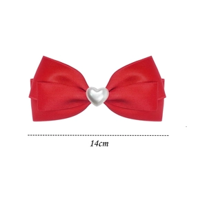 Red double silk ribbon bow hair clip with heart pearl center and 14cm width size